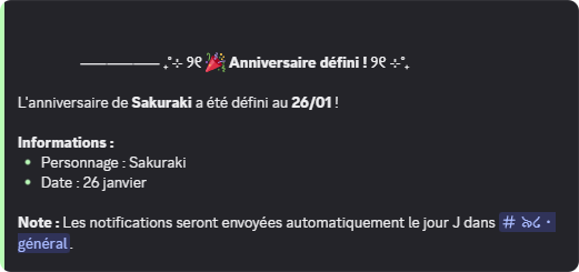 Confirmation de l'enregistrement d'un anniversaire