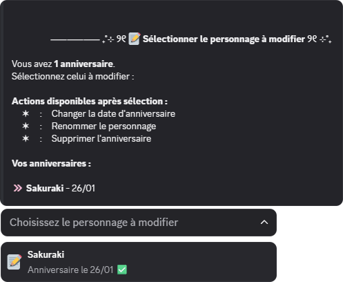 Sélection du personnage dont modifier l'anniversaire