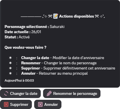 Actions disponibles sur un anniversaire