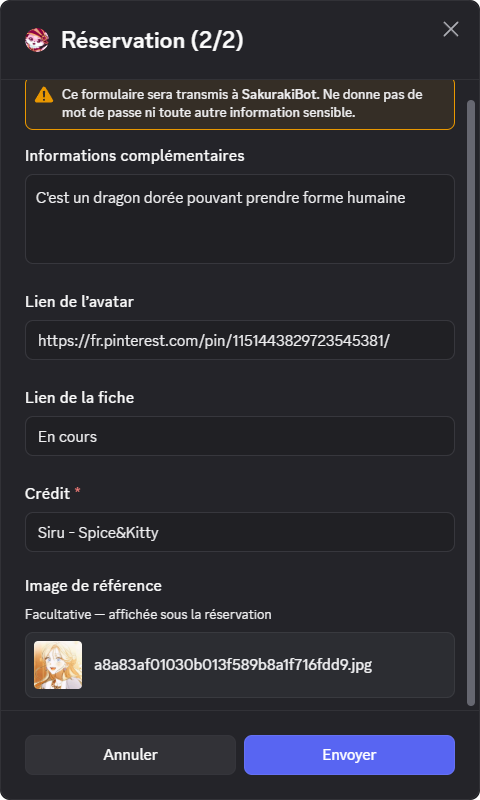 Seconde étape du formulaire de réservation d'avatar