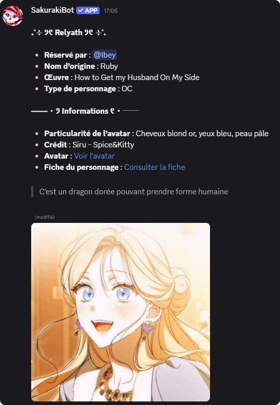 Annonce de réservation d'avatar publiée par SakurakiBot