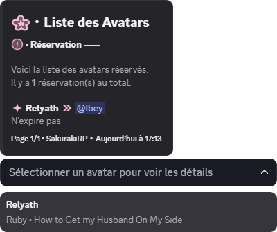 Liste des avatars réservés avec le menu de sélection
