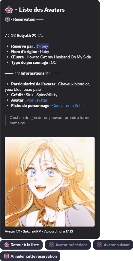 Fiche détaillée d'un avatar réservé avec ses boutons de navigation