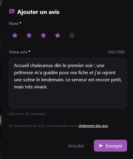 Fenêtre d'avis ouverte depuis la fiche d'un serveur