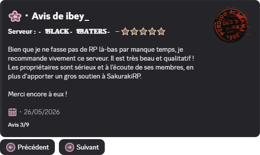 Avis laissé par un membre, affiché par SakurakiBot