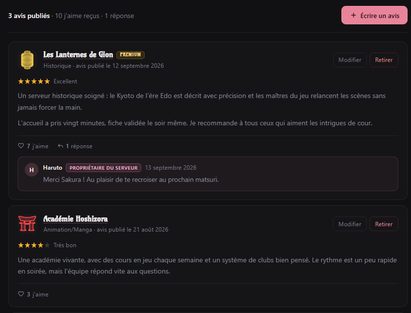 Liste de vos avis publiés sur le tableau de bord