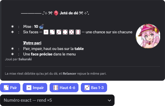 Table du jeté de dé avec ses boutons de pari