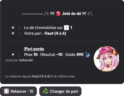 Résultat d'un jeté de dé perdu