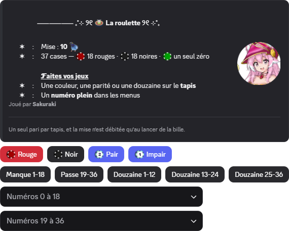 Tapis de la roulette avec ses boutons et ses menus de numéros