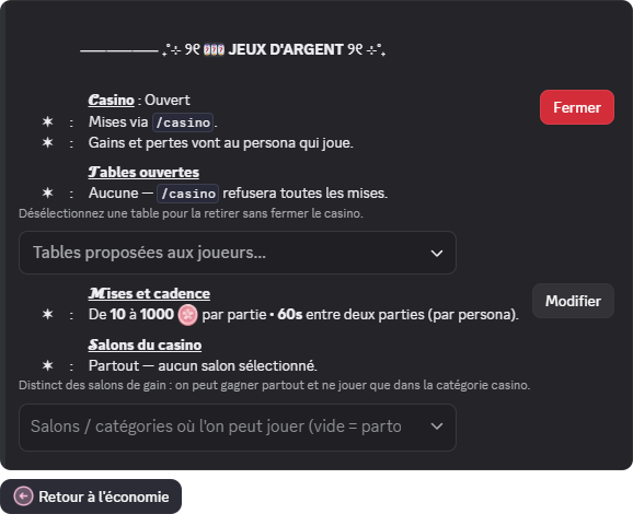 Panneau de configuration du casino sur Discord