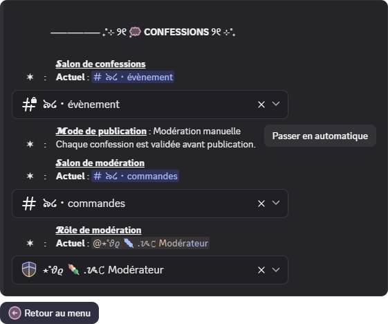 Panneau de configuration des confessions en mode modération