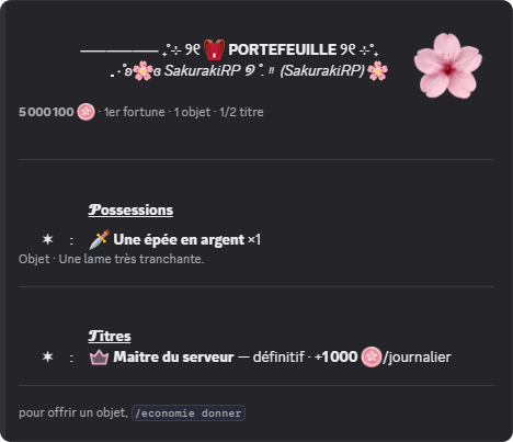 Portefeuille d'un persona affiché par SakurakiBot