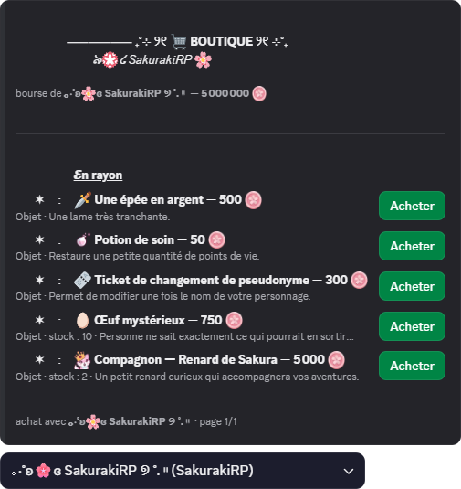 Boutique du serveur affichée par SakurakiBot