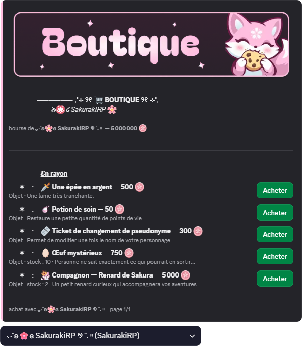 Boutique surmontée de la bannière personnalisée du serveur