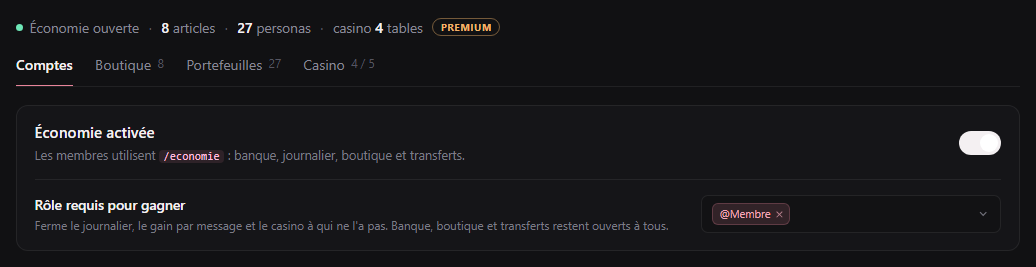 État du module, les quatre onglets, l'interrupteur principal et le rôle requis pour gagner
