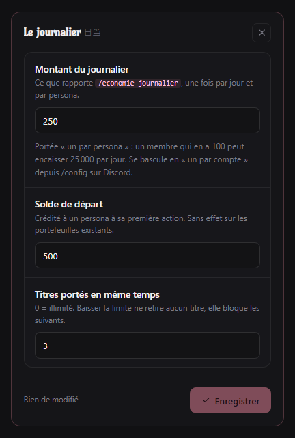 Volet du journalier : montant du journalier, solde de départ et titres portés en même temps