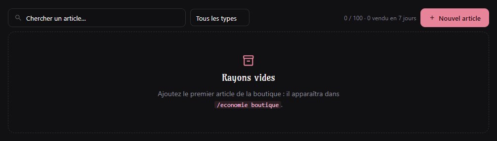 Rayons vides avec le bouton Nouvel article