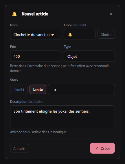 Volet de création d'un article de boutique