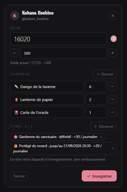Volet d'un persona avec son solde, son inventaire et ses titres