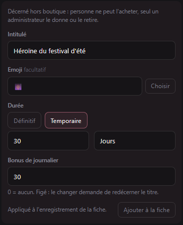 Formulaire de création d'un titre hors boutique