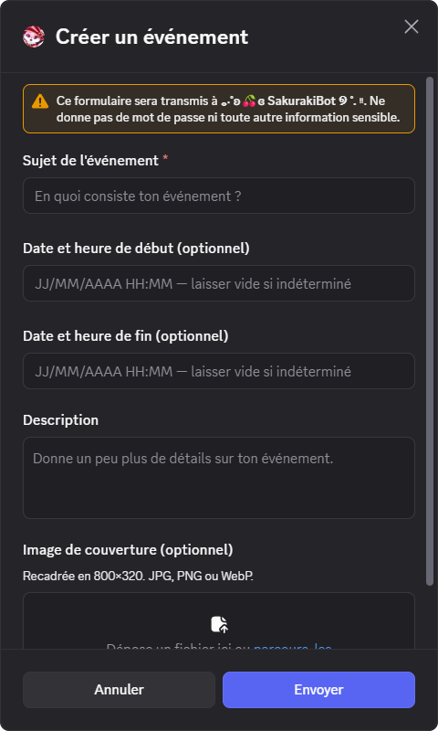 Formulaire de création d'un événement