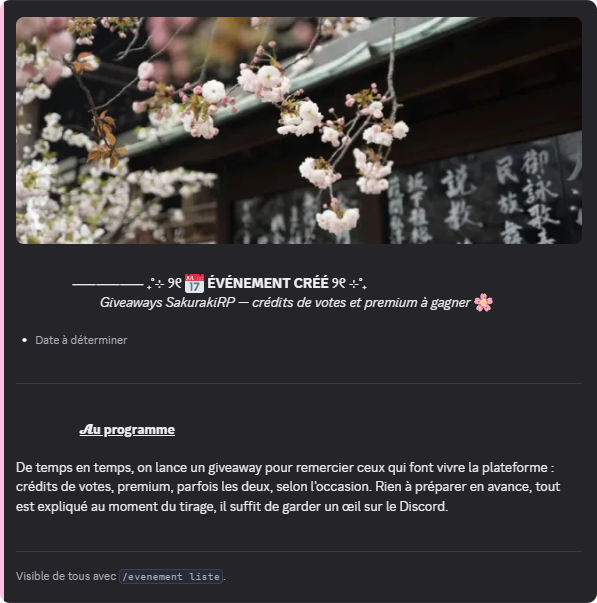 Annonce d'un événement publiée par SakurakiBot