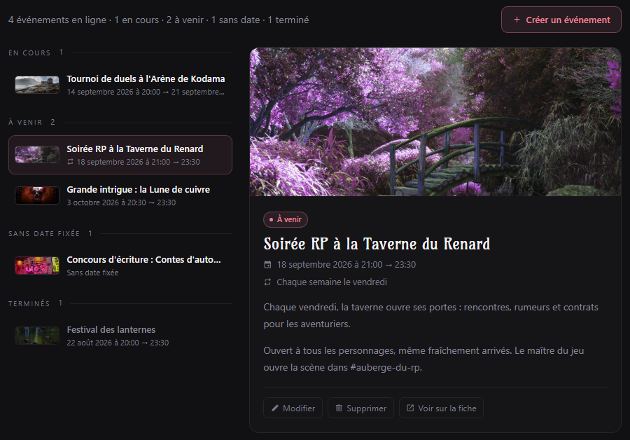 Liste des événements d'un serveur et fiche de l'événement choisi sur le tableau de bord
