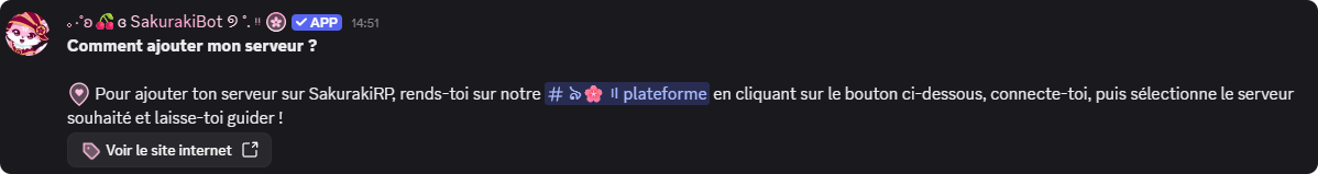 Réponse automatique de la FAQ avec une mention de salon et un bouton lien