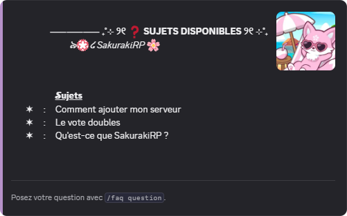 Liste des sujets de FAQ configurés sur le serveur