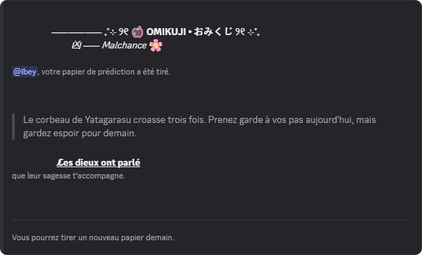 Omikuji tiré par SakurakiBot dans Discord