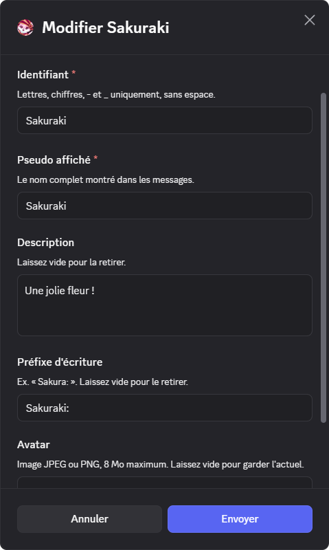 Formulaire de modification d'un persona : identifiant, pseudo affiché, description, préfixe et avatar