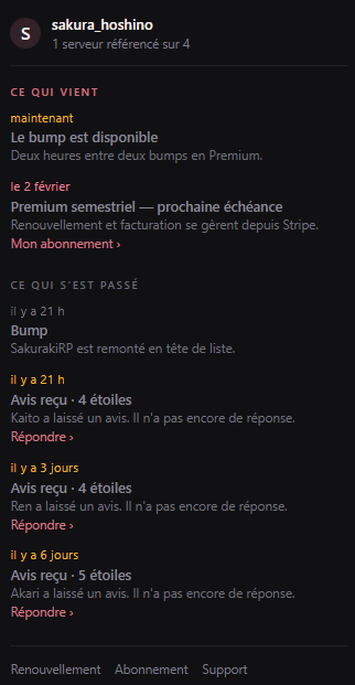Colonne du compte sur l'accueil du tableau de bord, avec le lien Abonnement