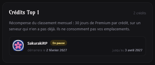 Crédits Top 1 gagnés au classement mensuel