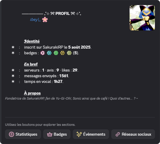Profil d'un membre affiché par SakurakiBot