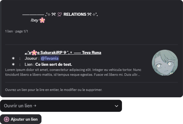 Panneau des relations affiché par SakurakiBot
