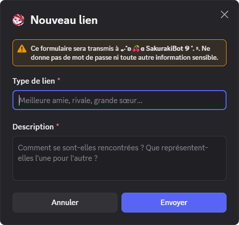 Fenêtre de saisie du type de lien et de sa description