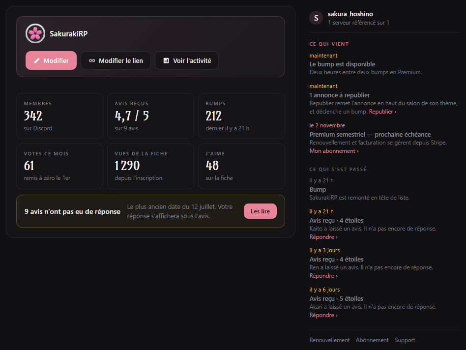 Vue d'ensemble du tableau de bord avec l'annonce à republier et le lien Renouvellement
