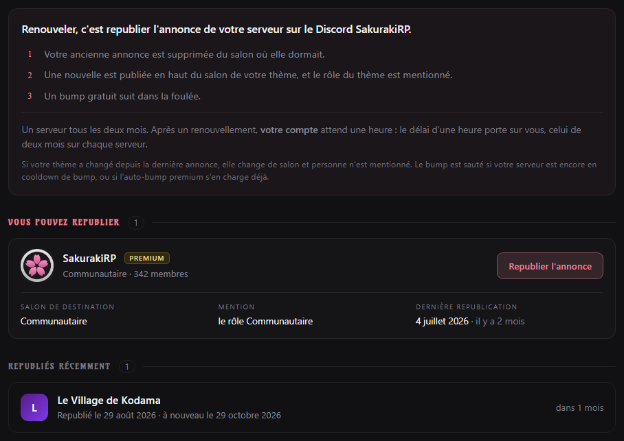 Page de renouvellement avec un serveur à republier et un serveur republié récemment