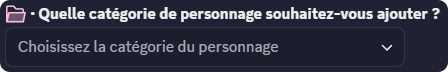 Menu de sélection de la catégorie du personnage