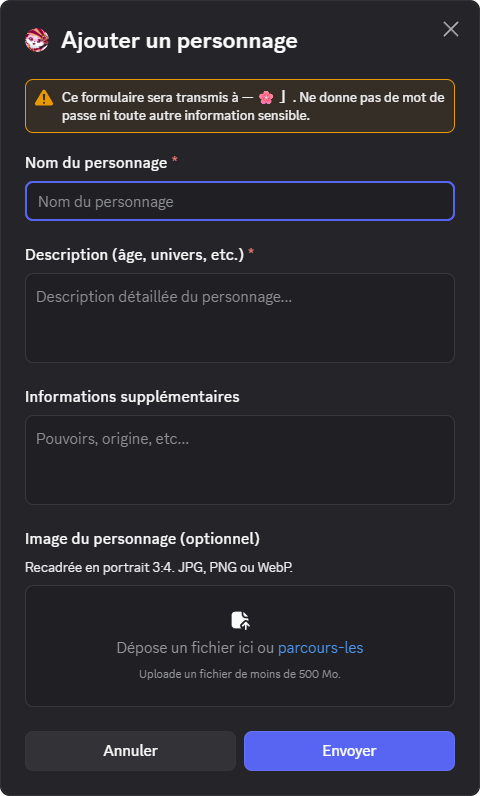 Formulaire de création d'une fiche de personnage