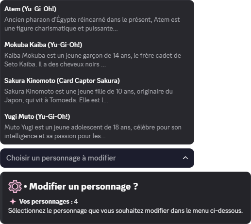 Menu de sélection du personnage à modifier
