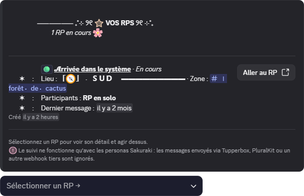 Panneau de gestion des RPs affiché par SakurakiBot