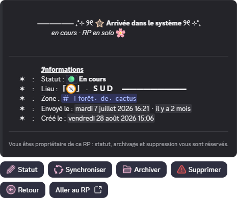 Écran de détail d'un RP avec ses quatre boutons d'action