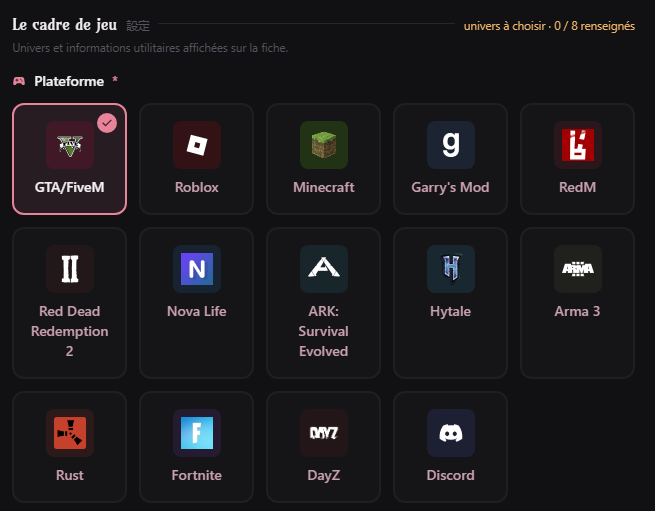 Sélecteur de plateforme en tête de la section Le cadre de jeu