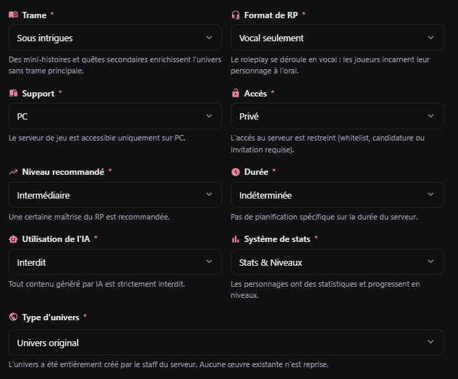 Critères d'un serveur Jeux Vidéo hors Discord, avec Format de RP, Support et Accès