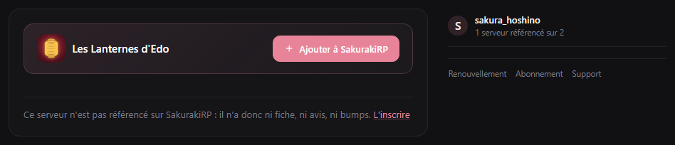 Serveur sélectionné, non référencé, avec le bouton Ajouter à SakurakiRP