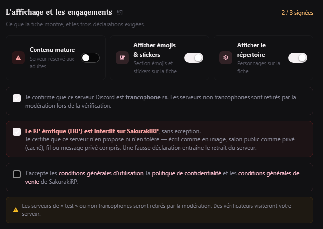 Options d'affichage et cases d'attestation du formulaire
