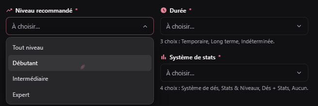 Liste du critère Niveau recommandé ouverte