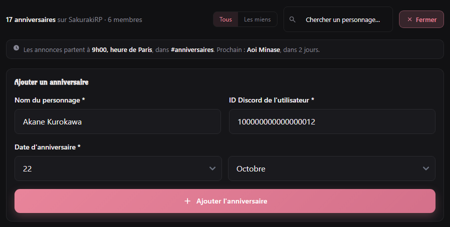 Formulaire d'ajout d'un anniversaire, avec l'ID Discord du membre