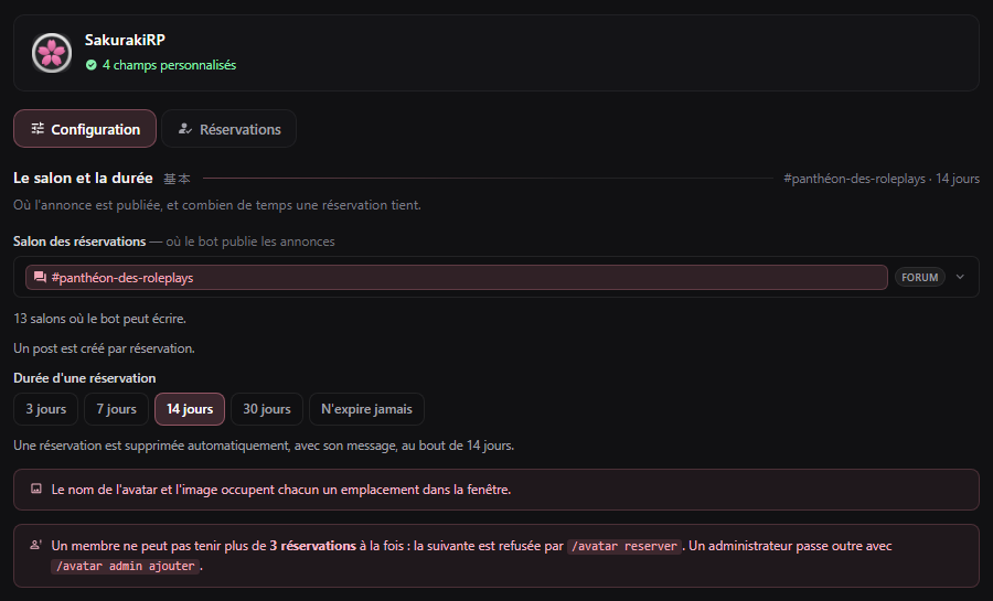 Salon des réservations, durée d'une réservation et règles tenues par le bot